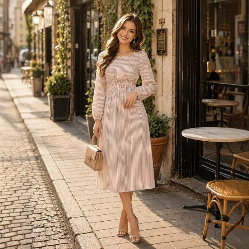 hot girl style  autumn casual flowy striped v-neck midi a-line dress