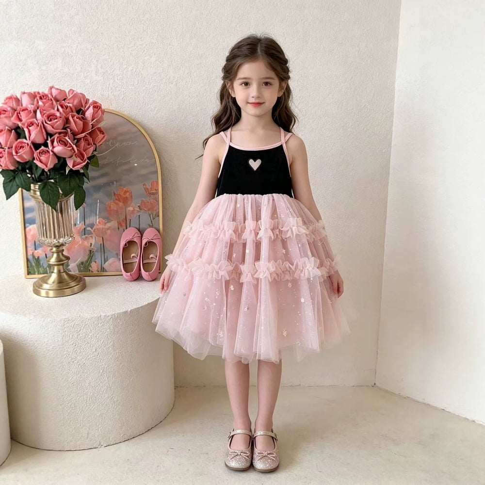 Korean style summer girls'  new fashionable baby girl chic heart mesh dress backless tank dress trendy