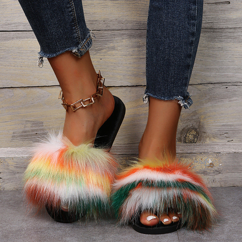 Wholesale fur slippers from fur manufacturers: home-friendly faux fox fur one-piece slippers, new fashionable plush slippers for autumn and winter