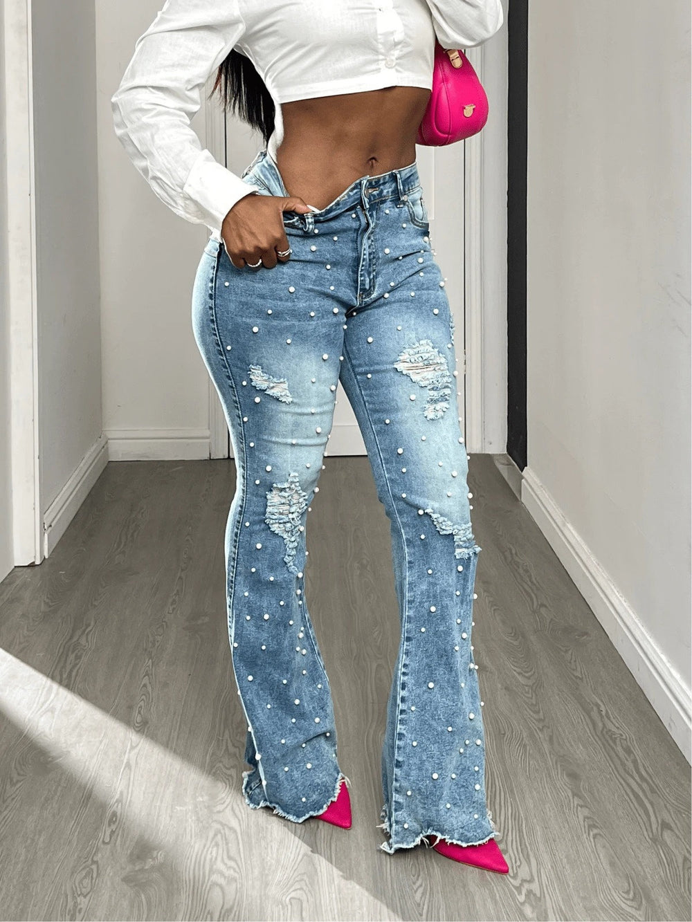 Fashion jeans women's ripped pearl micro-flared jeans cross-border high waist raw edge slit slimming look women's flared pants