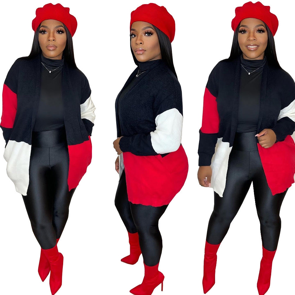 European and american cross-border women's clothing:  &  street style color block knit cardigan long sleeve sweater jacket