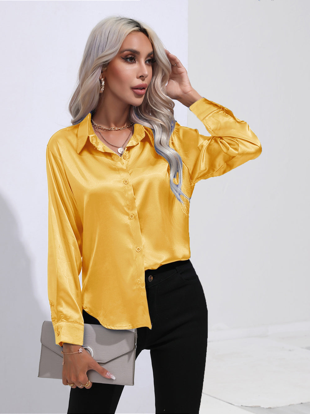 Hot-selling real shot: women's satin shirt - faux silk long sleeve blouse, new spring/summer collection, european & american cross-border women's fashion