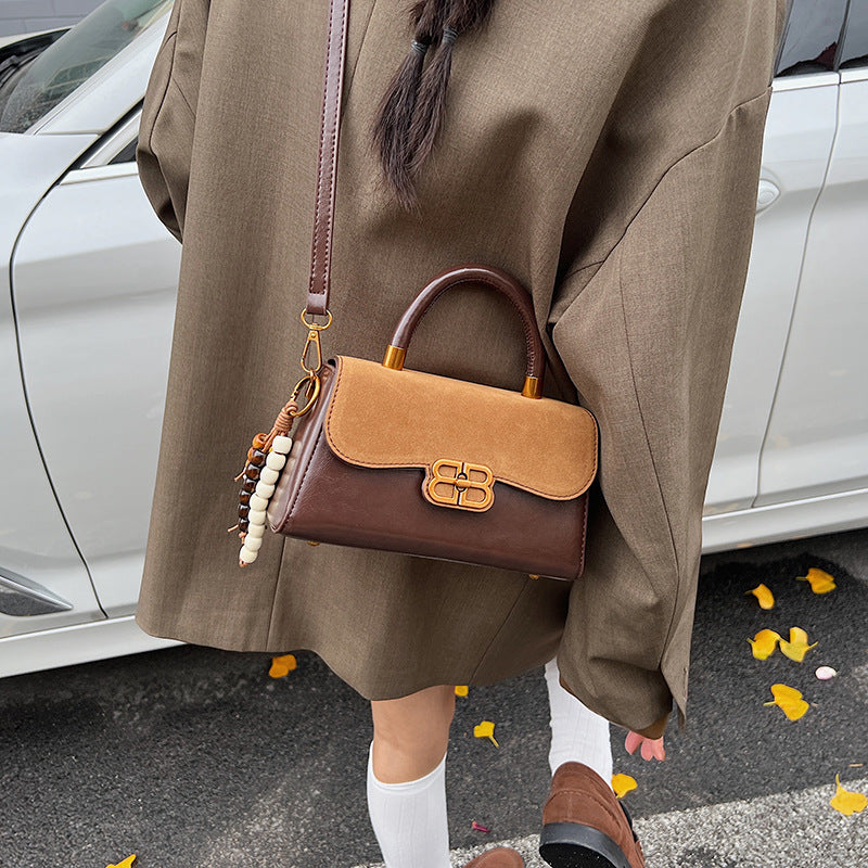 French fashion handbag small square bag women's retro color block leopard print shoulder bag autumn and winter high-end color block crossbody bag