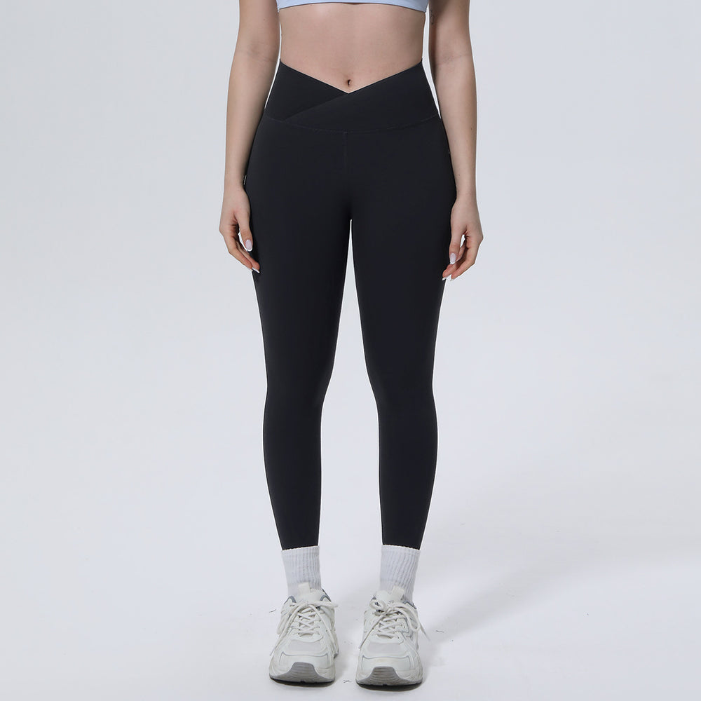 Fashionable and personalized seamless cross-waist tight abdominal yoga pants high waist hip lifting running fitness sports pants for women
