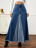 European and american patchwork midi skirt  new arrival - hot selling export raw hem denim skirt - washed slit denim midi skirt