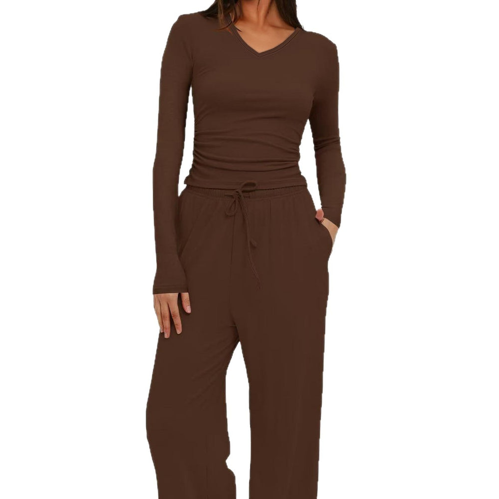 2025 cross-border fashion amazon new product pure color casuallong sleevesv necksuittopshigh waistloose pants shipping