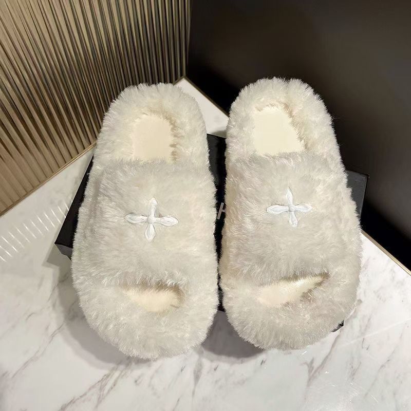 Celebrity style letter fur slippers thick soleoutwearfashioneasiest for match2024 autumn and winter new arrival women's home cotton slippers