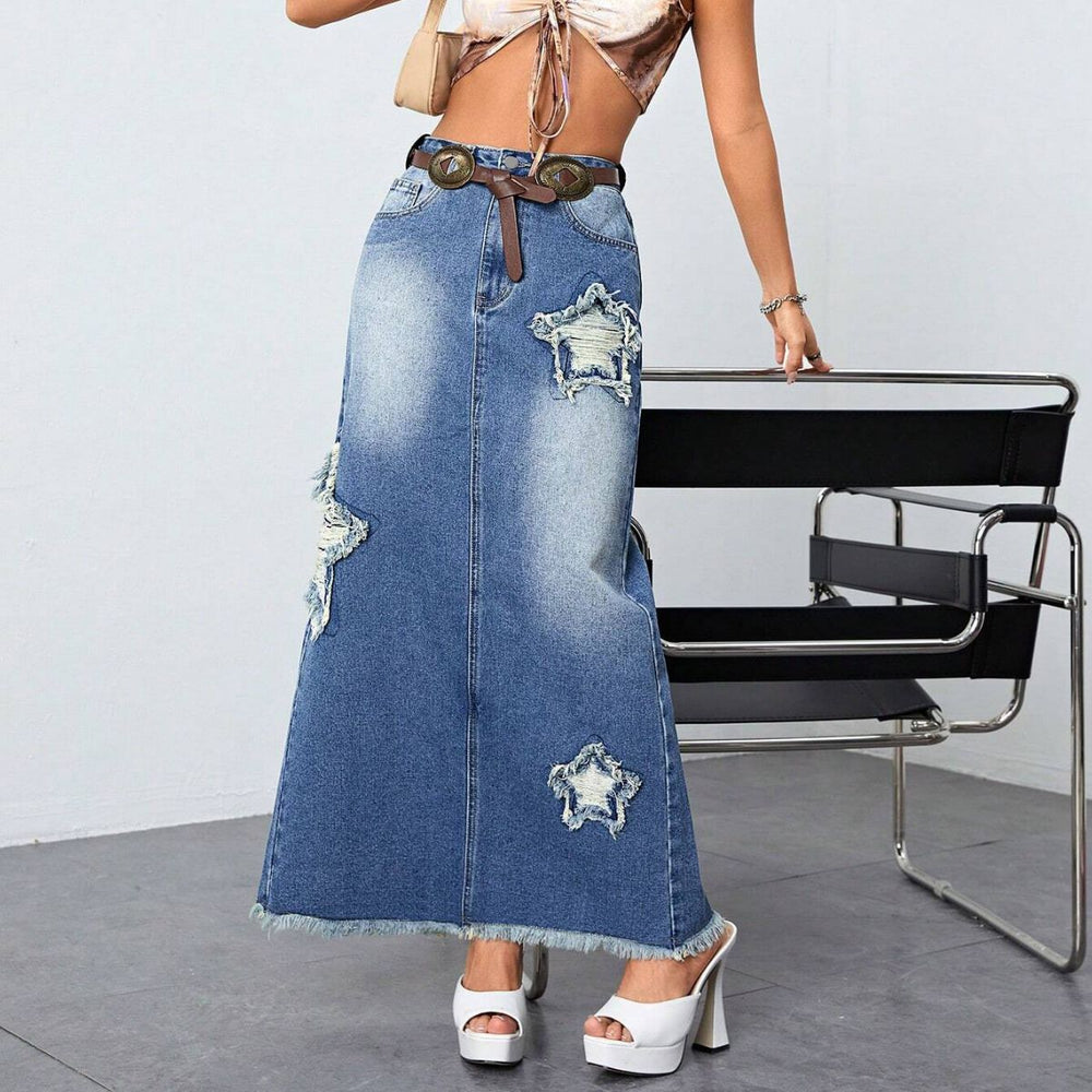 Export denim skirt new arrival hot-selling raw edge washed skirt slit star denim skirt
