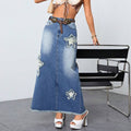 Export denim skirt new arrival hot-selling raw edge washed skirt slit star denim skirt