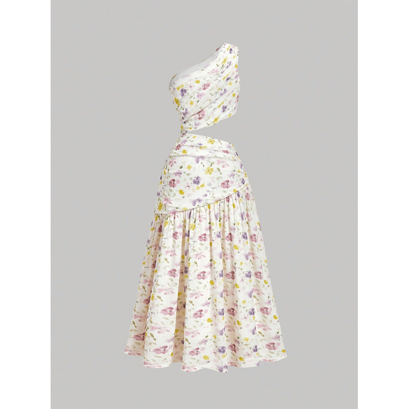Women's summer new arrival: elegant romantic floral print asymmetrical one-shoulder cutout ruched a-line maxi dress