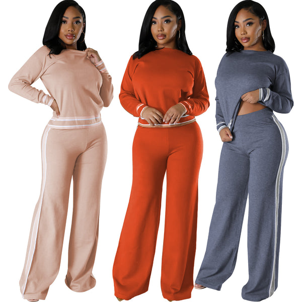 M3064 European and American   women's clothing autumn and winter new long-sleeved knitted sweater wide-leg casual trousers two-piece set