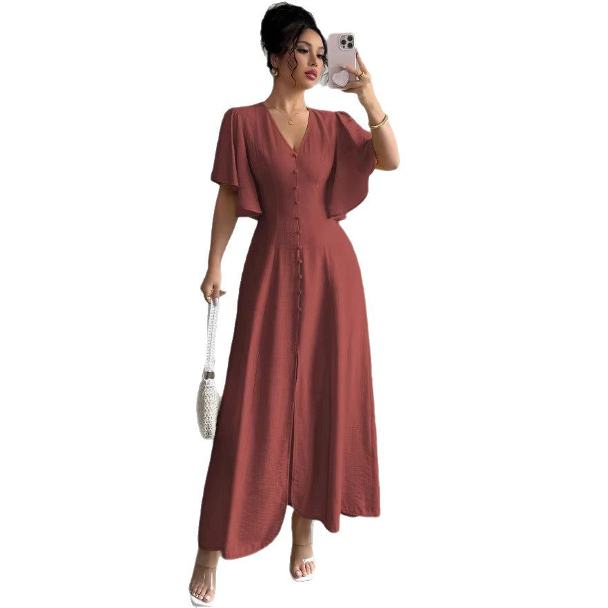 european and american new arrival: elegant slim-fit v-neck waist-defining french dress