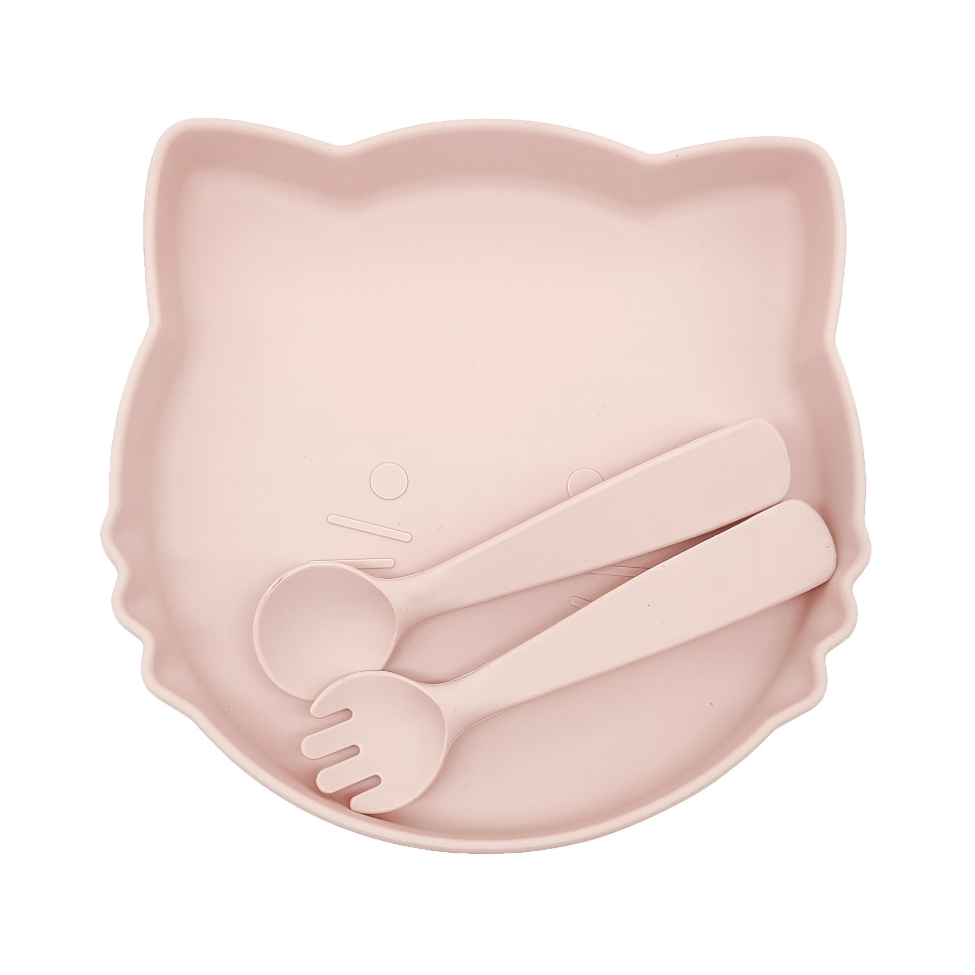 Cartoon kitten silicone fork and spoon dinner plate, baby food grade silicone feeding tableware, non-slip and anti-dirty tableware set