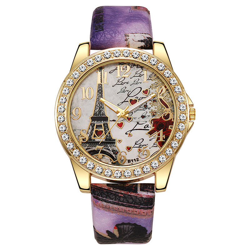 fashion snake print belt printing women's watch eiffel tower digital diamond-encrusted british watch student watch