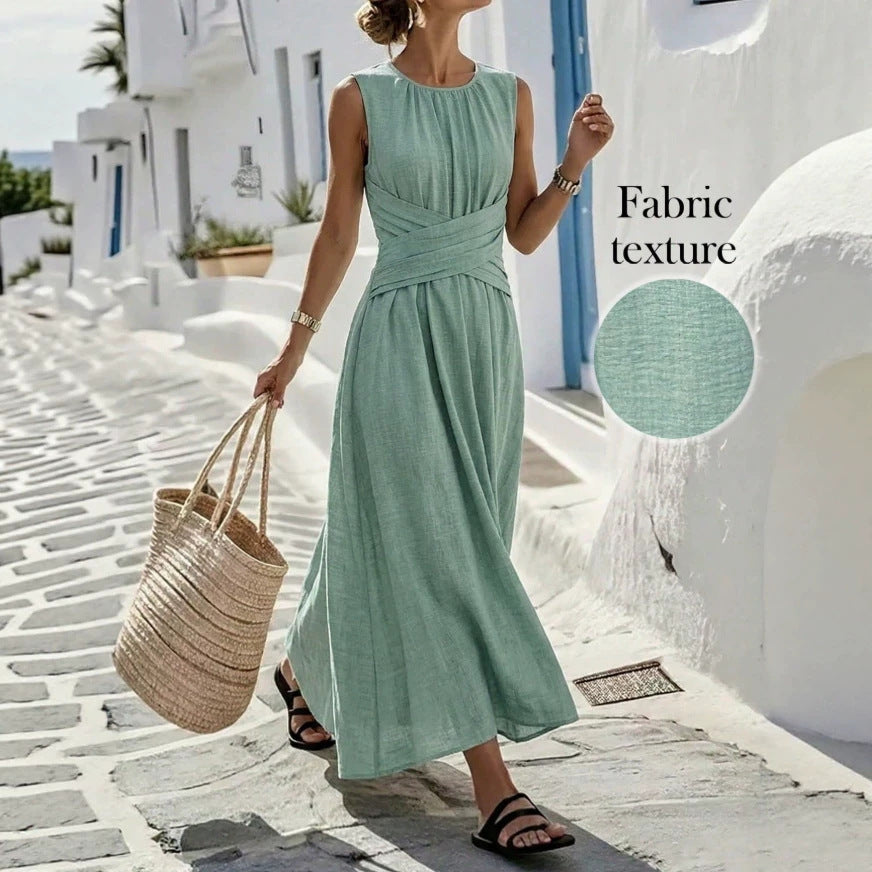 summer sleeveless maxi dress - european & american style, cinched waist, flowy skirt, vacation & casual wear -  cross-border