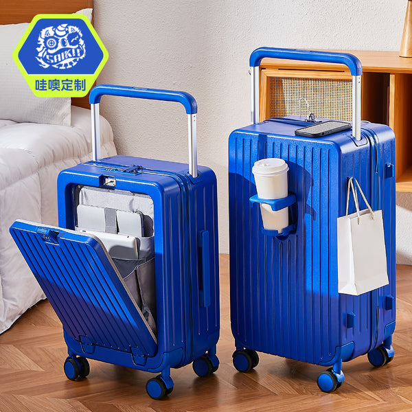 Wow, customized gift logo, free one printed wide trolley suitcase 26 inches front open suitcase trolley case.