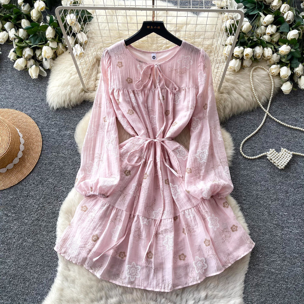French chic green floral dress - women's summer long sleeve v-neck a-line dress with cinched waist - slimming, elegant, and perfect for vacation