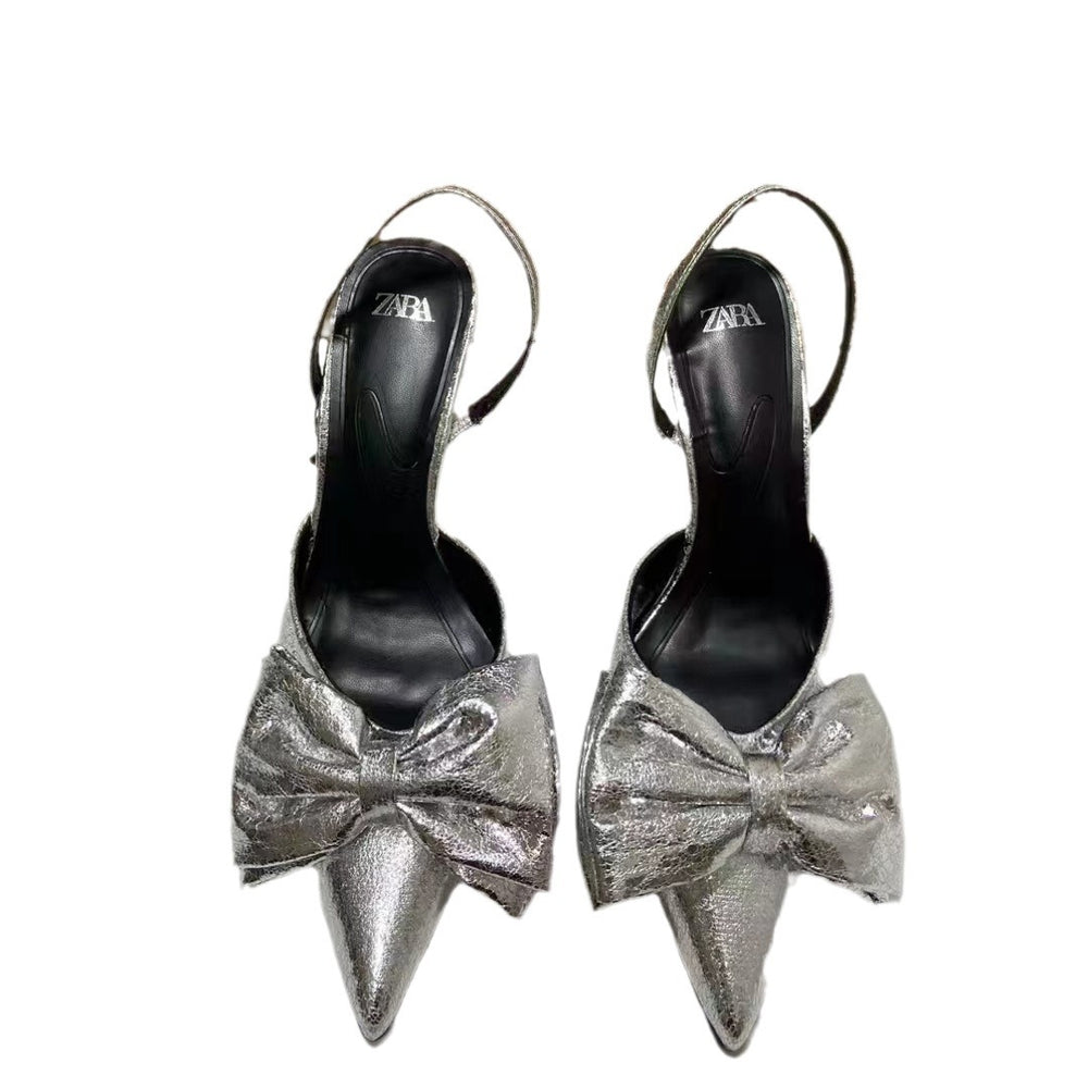 2024za new spanish trendy brand silver pointed-toe bow heels with metallic crackle detail and slingback stiletto heels for women