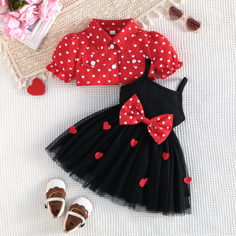 new european and american style girls' summer heart-shaped shawl suspender mesh dress embroidered heart set - two-piece dress set