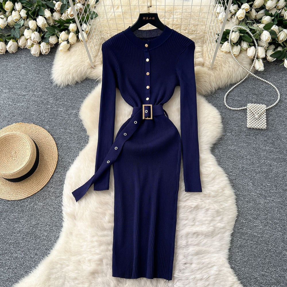 Minimalist chic knit long sleeve dress - women's autumn belted slim fit elegant mature style maxi dress