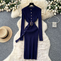 Minimalist chic knit long sleeve dress - women's autumn belted slim fit elegant mature style maxi dress