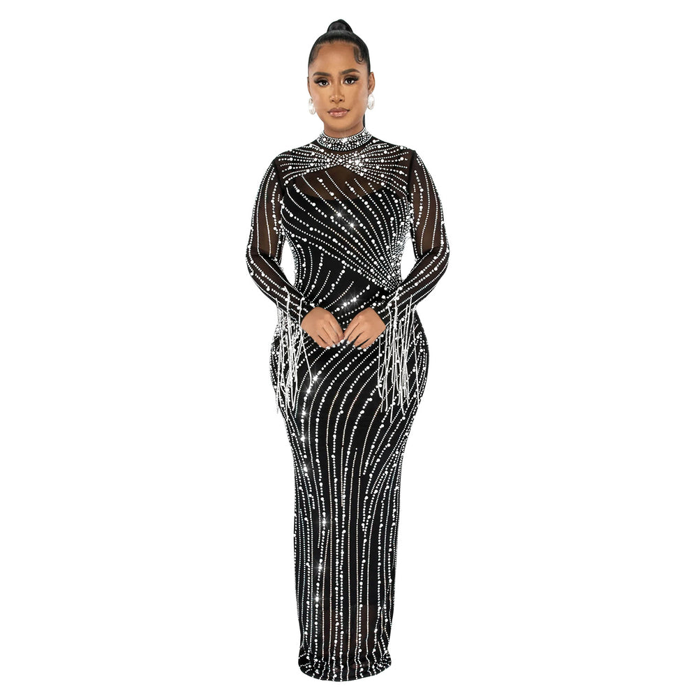 C6266   fashion women's mesh see-through rhinestone long sleeve maxi dress lined two-piece set