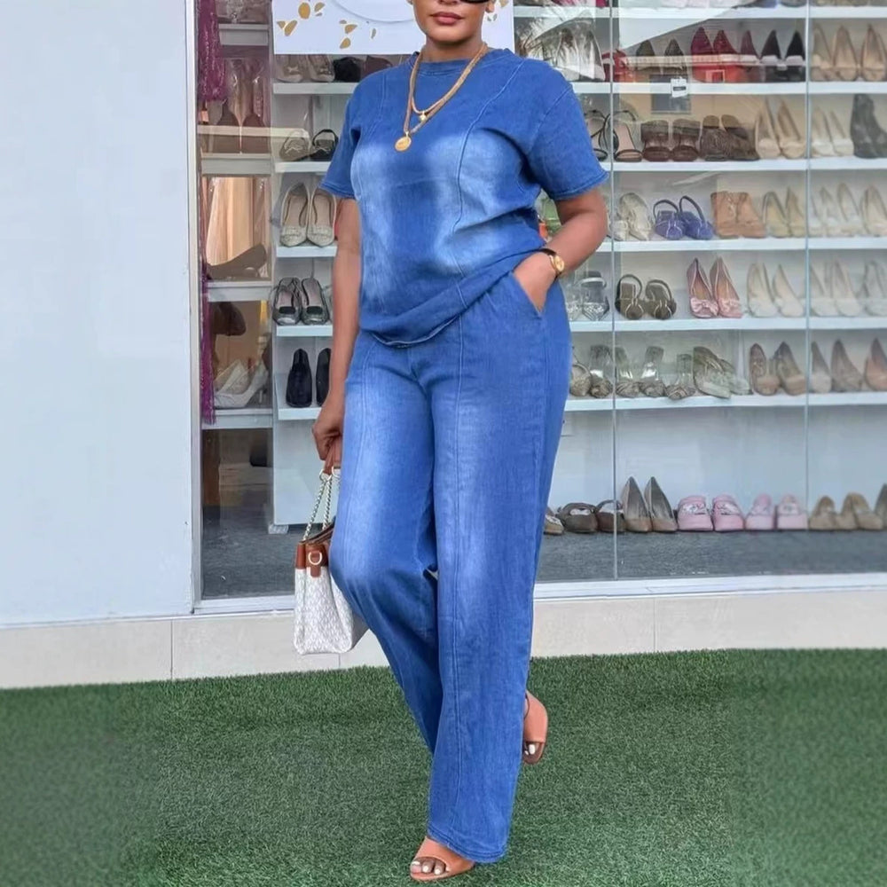 new european and american cross-border   fashionable washed blue loose-fit short sleeve denim two-piece set