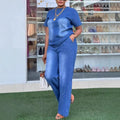 new european and american cross-border   fashionable washed blue loose-fit short sleeve denim two-piece set