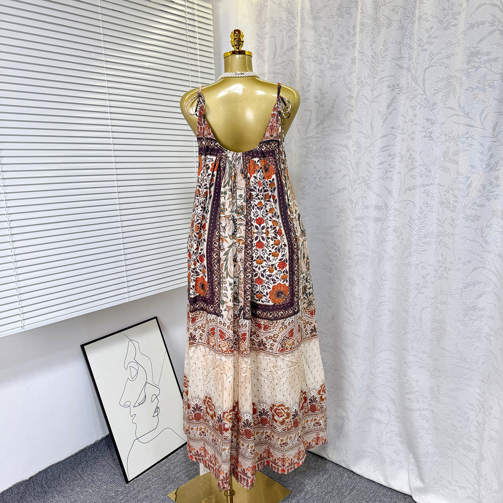 Bohemian print halter backless dress - women's summer vacation beach dress - slimming and flattering maxi dress