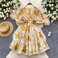 French chic luxury printed bubble sleeve dress - women's summer mesh cutout midi dress