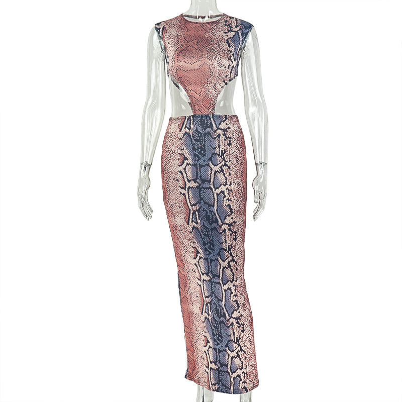 European and american style foreign trade everyday retro women's snake print print elegant design hip-hugging skirt round neck hiking long dress