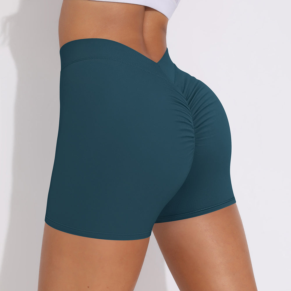 brushed v-waist pleated pure color peach butt yoga shorts sports running fitness tight three-quarter pants for women