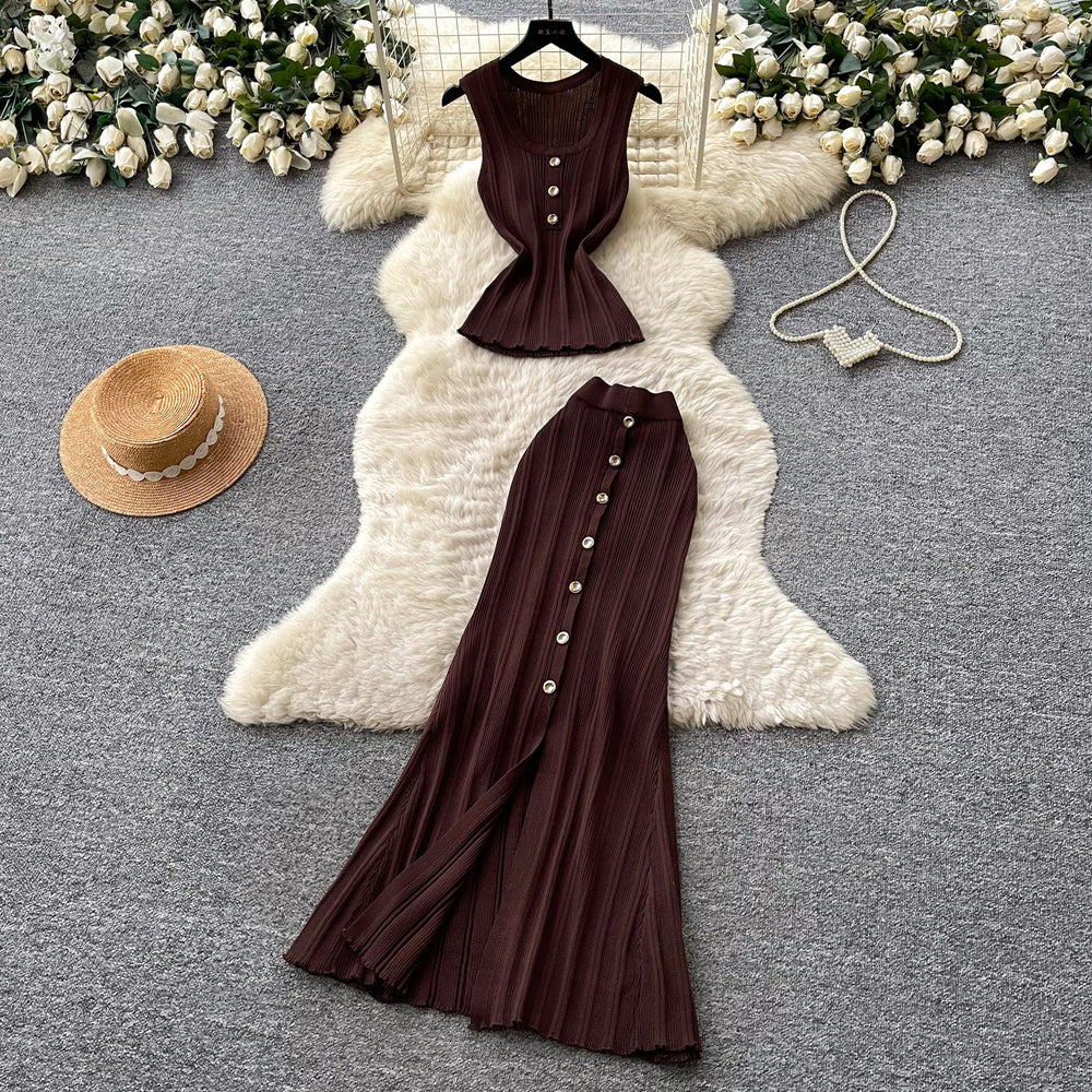 French work clothing style sleeveless knittingtwo-piece set female summer light mature style silm metal breasted classysuit