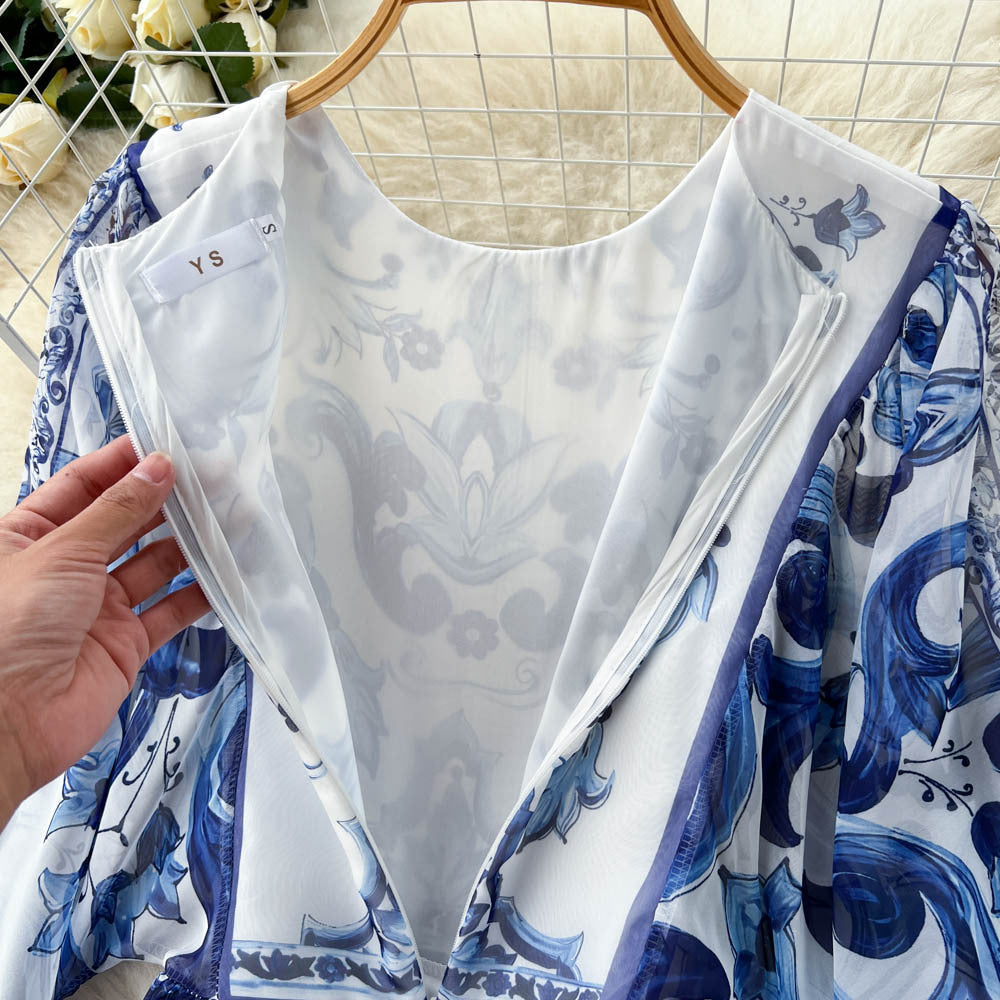 Dress autumn clothing new arrival2022niche style sense of designfashion resort style retroprinting bell sleeves chiffon long skirt
