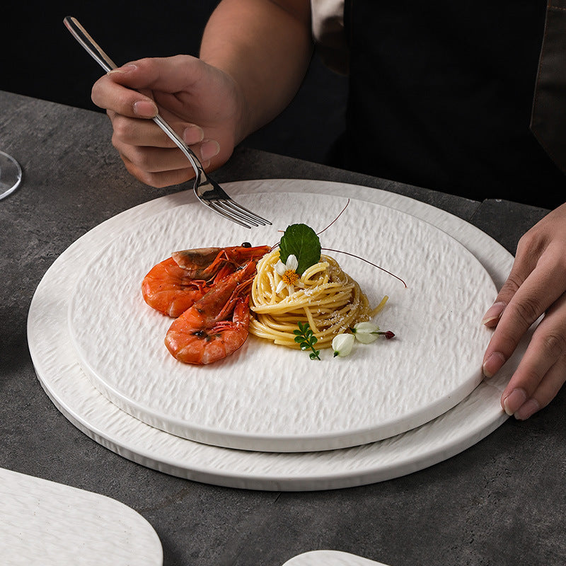 Stone-textured round ceramic plate, suitable for western-style steak, high-end cakes, dim sum, sushi, desserts, and pastries