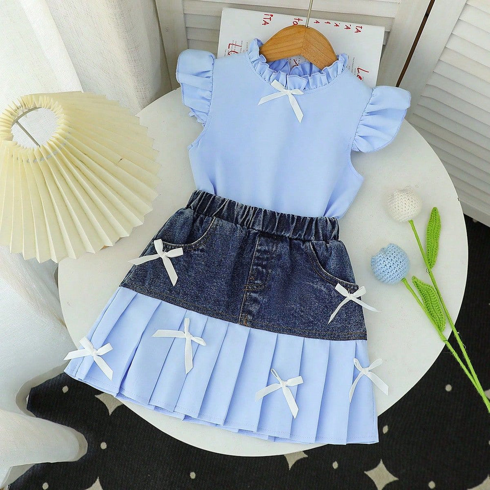 spring/summer new arrival: girls' ruffle-neck flutter sleeve top and denim skirt two-piece set with bow detail
