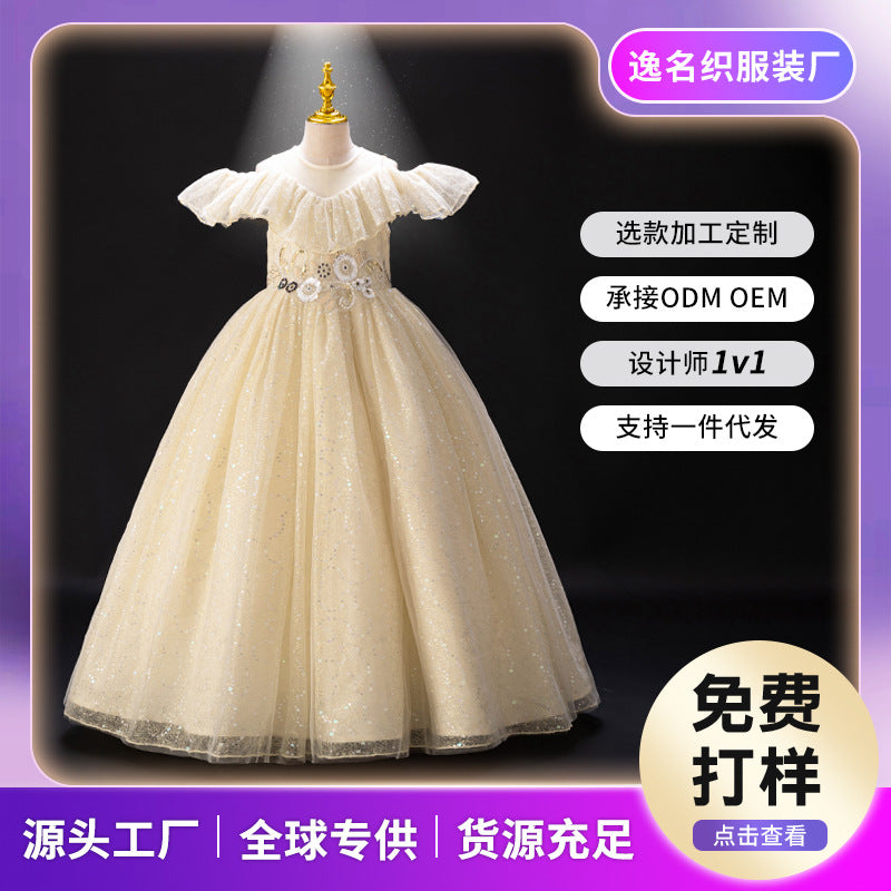 Girls' high-end flower girl dresses, wedding gowns, runway show, little girl host performance, long sequined dresses, foreign trade cross-border