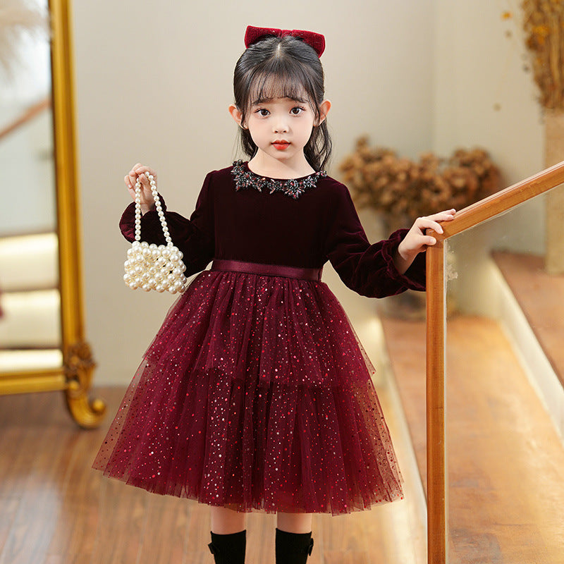 Girls' red tulle dress - long sleeve, puffy princess style, fleece-lined, thickened, spring/autumn dress for little girls