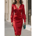 european and american new arrival: elegant satin fitted long-sleeve dress