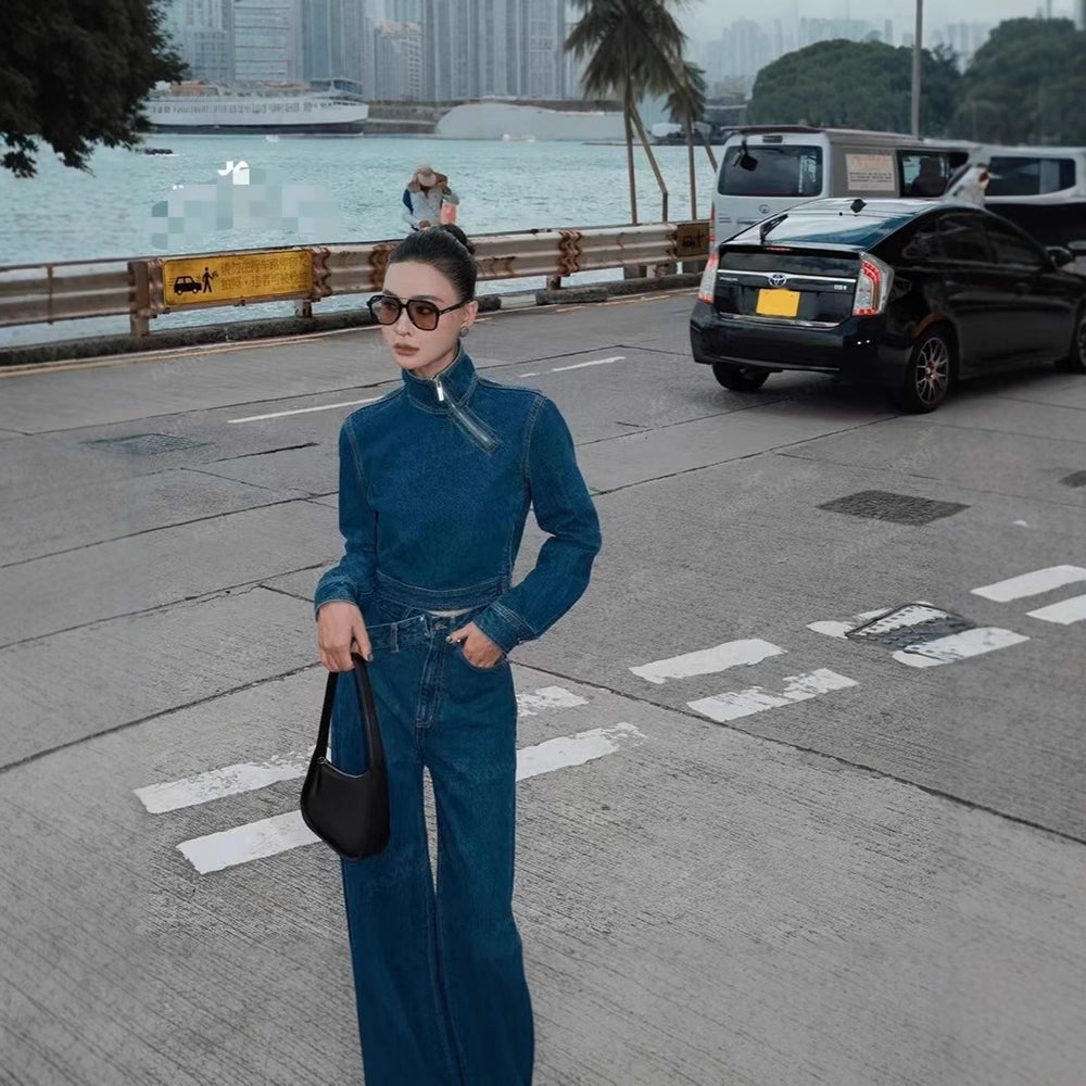 women's clothing,  style: european, american, and korean-inspired casual, minimalist, and versatile long-sleeved denim sets, perfect for work or everyday wear. fashionable and retro