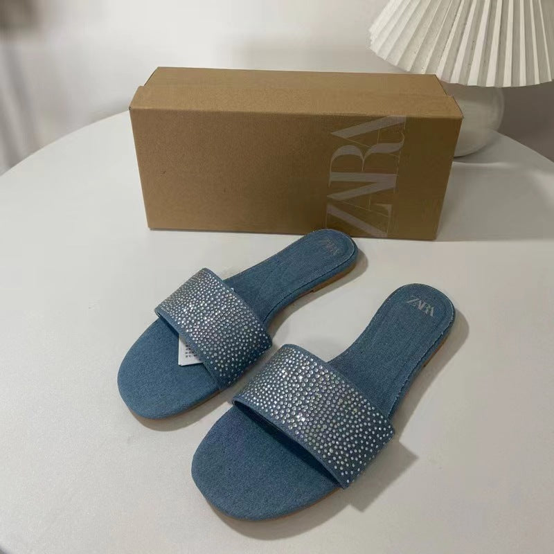Za summer new 2024 women's shoes blue denim thong sandals with rhinestone embellishments, square toe, open toe, flat heel