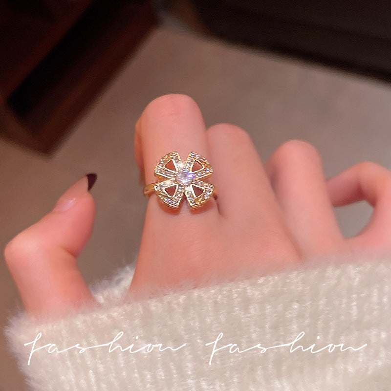 Japanese and korean flower open ring fashion zircon ring female ins simple internet celebrity adjustable stylish ring jewelry