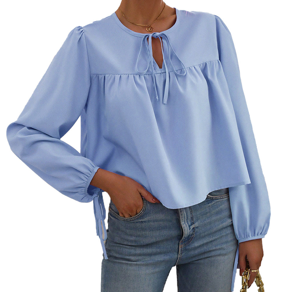 Cross-border European and American women's clothing 2024 autumn and winter crew neck lace-up bubble sleeves loose casual temperament women's pullover top