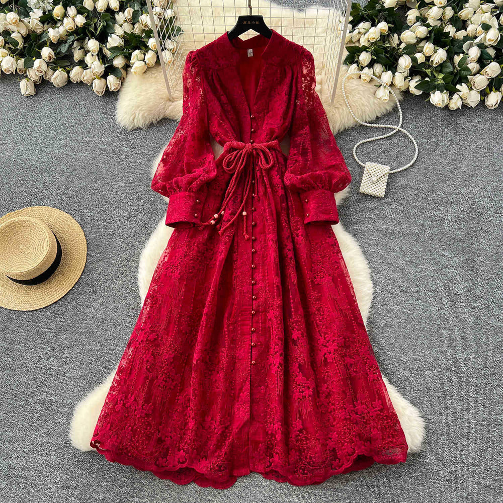 French high-end women's dress - spring  collection: cinched waist, exquisite embroidery, v-neck, lantern sleeves, single-breasted long dress