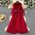 French high-end women's dress - spring  collection: cinched waist, exquisite embroidery, v-neck, lantern sleeves, single-breasted long dress