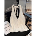 Women's summer new fashion elegant solid color backless pearl button decorated tie-up halter neck tank top