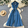K-styleclassy lapel sleeveless single-breasted waist denim dress women's summerslimming lookeleganceelegance long skirt
