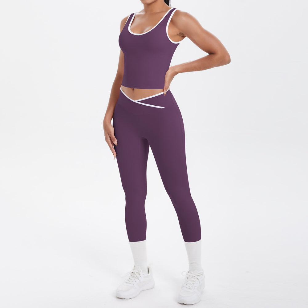 popular double-sided brushed contrast color tight breathable cross yoga suit sports running fitness two-piece set