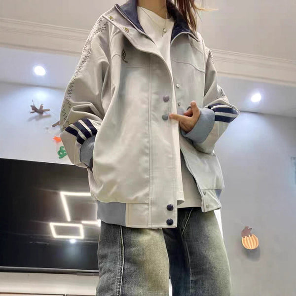 New American retro contrasting coat women's 2025 spring and autumn loose casual versatile jacket baseball jersey top