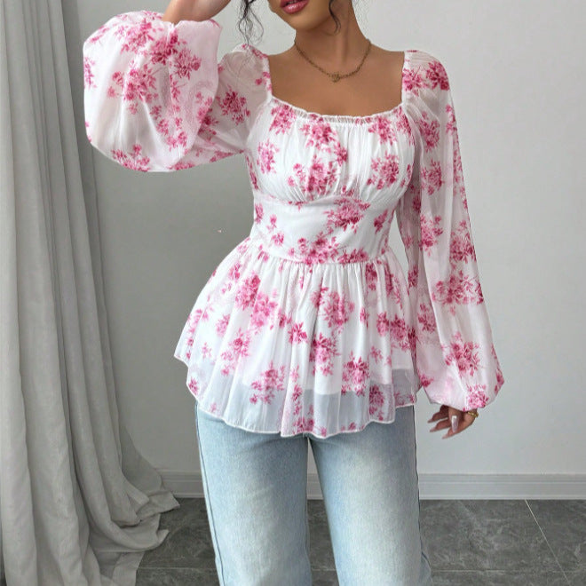 Export  cross-border women's clothing fresh and sweet fall and winter square neck puff sleeve popular floral long-sleeved tops